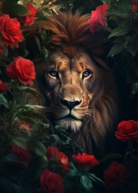 Lion Jungle Red Flowers