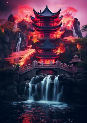 Japanese Temple Waterfall