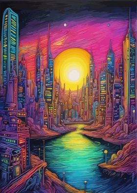 neon cityscape painting