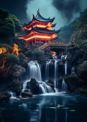 Temple Waterfall in Japan