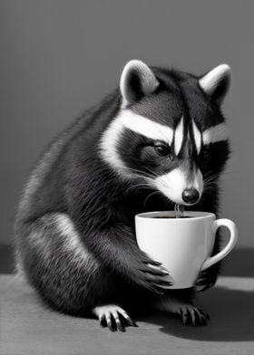 Raccoon drinking coffee