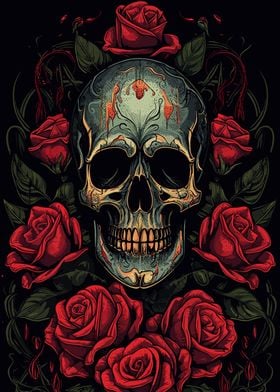 skull with red roses