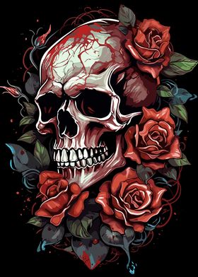 skull with red roses
