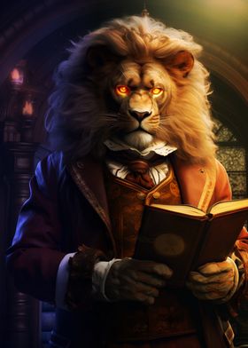 funny Lion reading a book