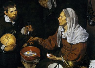 An old woman cooking eggs 