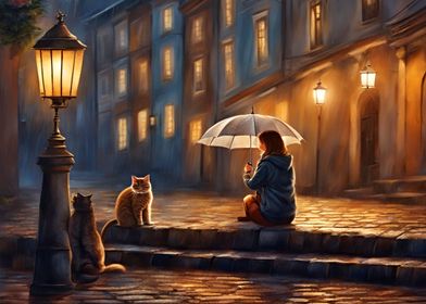 Girl with umbrella and cat