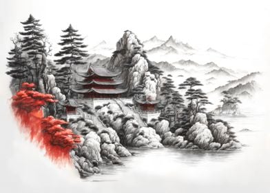 Chinese Temple Ink Art