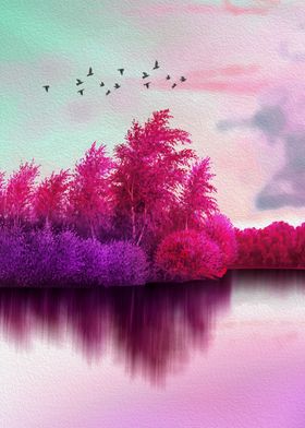 Pink Trees by the Lake