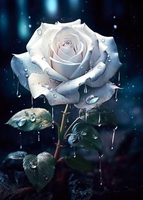 Rainy white rose flower