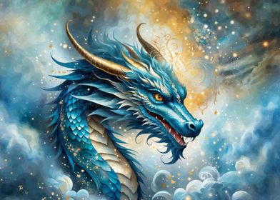 Blue dragon in clouds