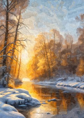 Winter landscape at sunset