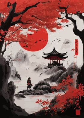 Vibrant red Japanese scene