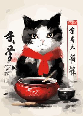 Cat Eat Japanese Painting