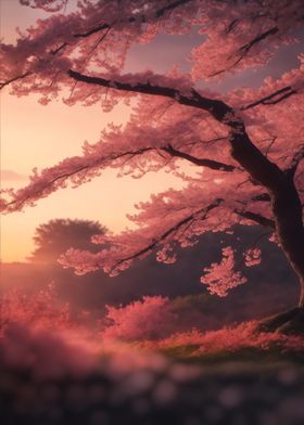 Sakura landscape at sunset