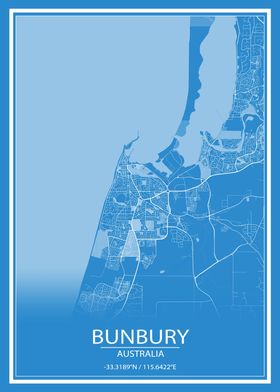 Bunbury Australia Blue Map