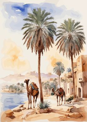 Palm trees and camels