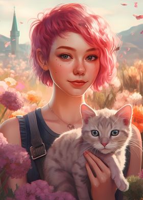 pink hair girl with cat