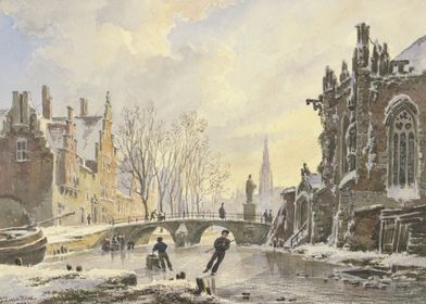 Ice skaters on a canal