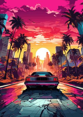 Synthwave Retro Car Sunset