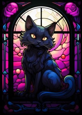 Cute Black Cat Stained gla