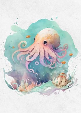 Watercolor Animal Squid