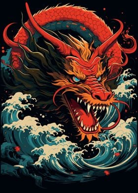 Japanese dragon and waves
