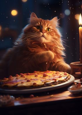 Funny Cat and Pizza