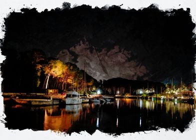 Boats in the sea at night