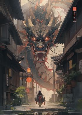Dragon in a Edo village