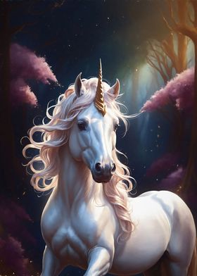 Unicorn in fantasy forest