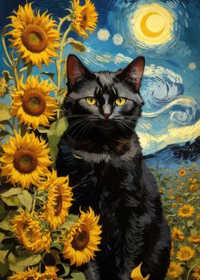 Black Cat and Sunflowers