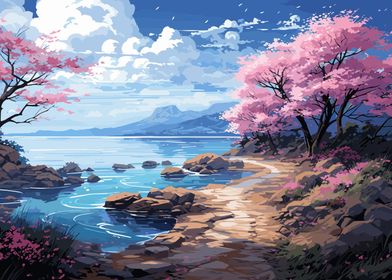 Anime Cherry Blossom Lake