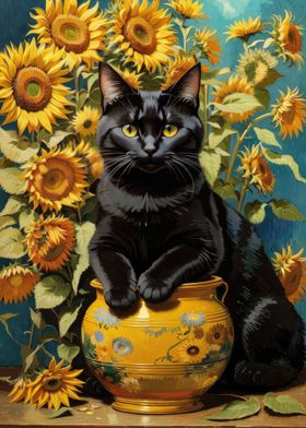 Black Cat and Sunflowers