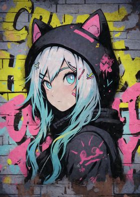 Kawaii Anime Girl In Black Hoodie Canvas Print for Sale by