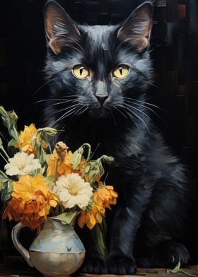 Black Cat and Flowers