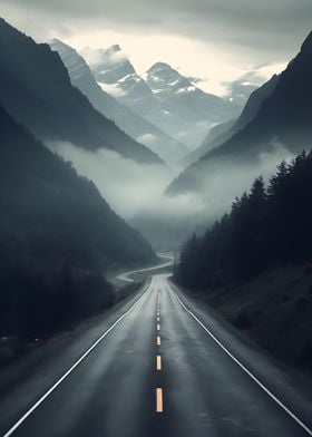 Road in foggy mountains