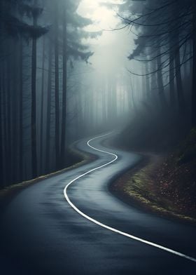 Foggy Road in Forest