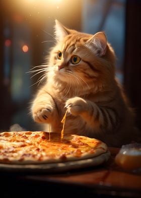 Funny Cat Eats Pizza