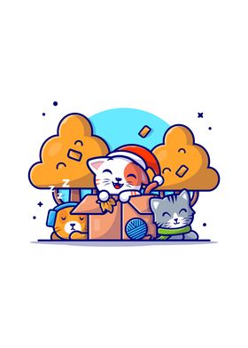 Happy Cute Cats in Box 