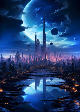 Futuristic City Moon Night
