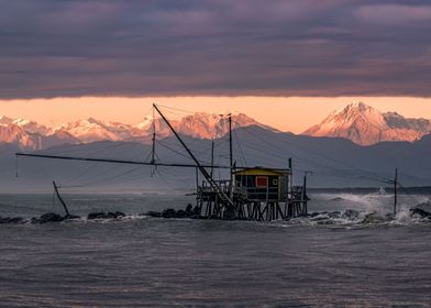 Fishing house at sunset