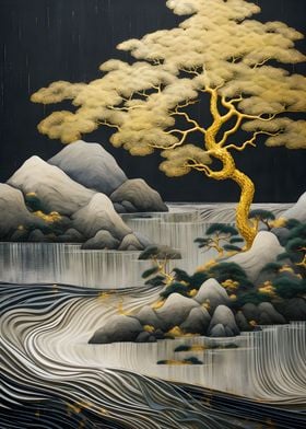 Gold tree and river abst