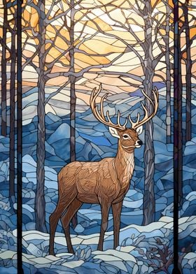 Deer Snowy Stained Glass