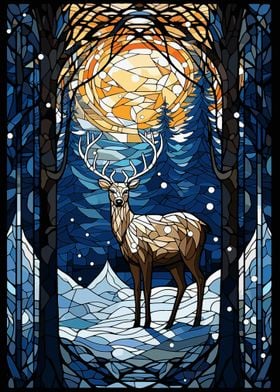 Deer Snowy Stained Glass