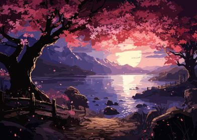 Anime Sunset Sakura Lake