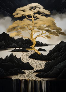 Gold Tree an river abstrac