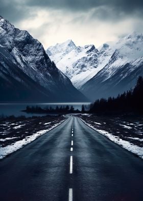 Road in snowy mountains