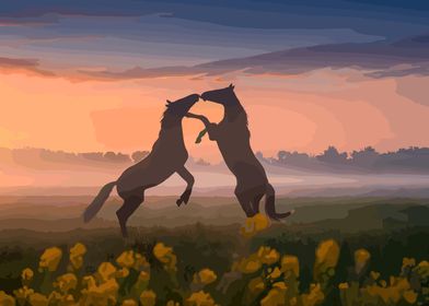 horses playing in nature