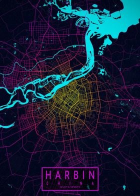 Harbin City Map Neon