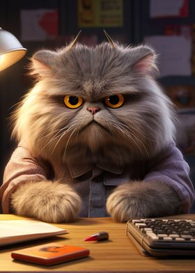 Angry Fluffy Cat Studying